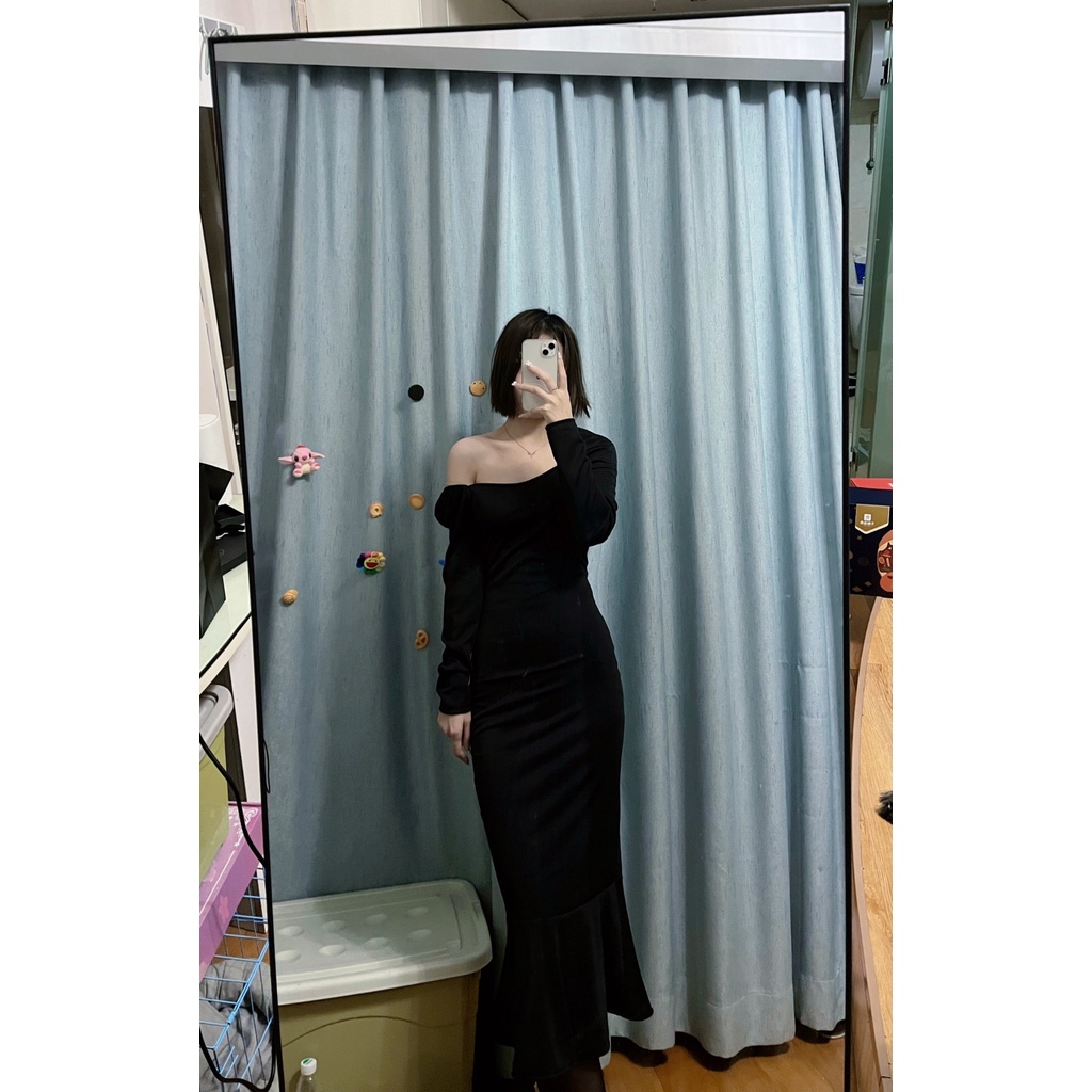 Đầm Cổ Vuông Thiết Kế Mới Thời Trang Theo Phong Cách Pháp 2022✨✨Đầm Đuôi Cá Tay Dài Phồng Màu Đen Phong Cách Hepburn