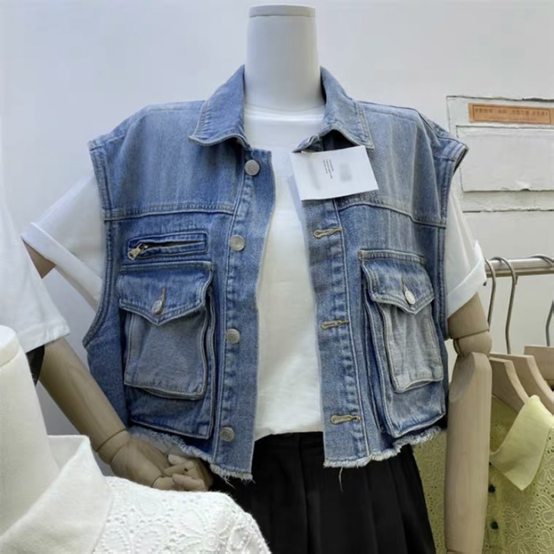 Áo Gile Jean Croptop Phối Túi Cực Chất Chất Vải Dày Dặn Freesize