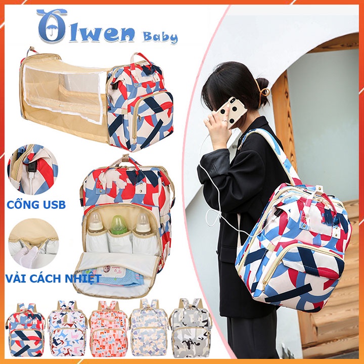 Balo Bỉm Sữa Giữ Nhiệt Cho Mẹ Và Bé Đa Năng Kèm Giường, Nôi Nằm - Túi Xách Giữ Ấm Đựng Đồ Trẻ Em Chống Nước Có Ổ USB