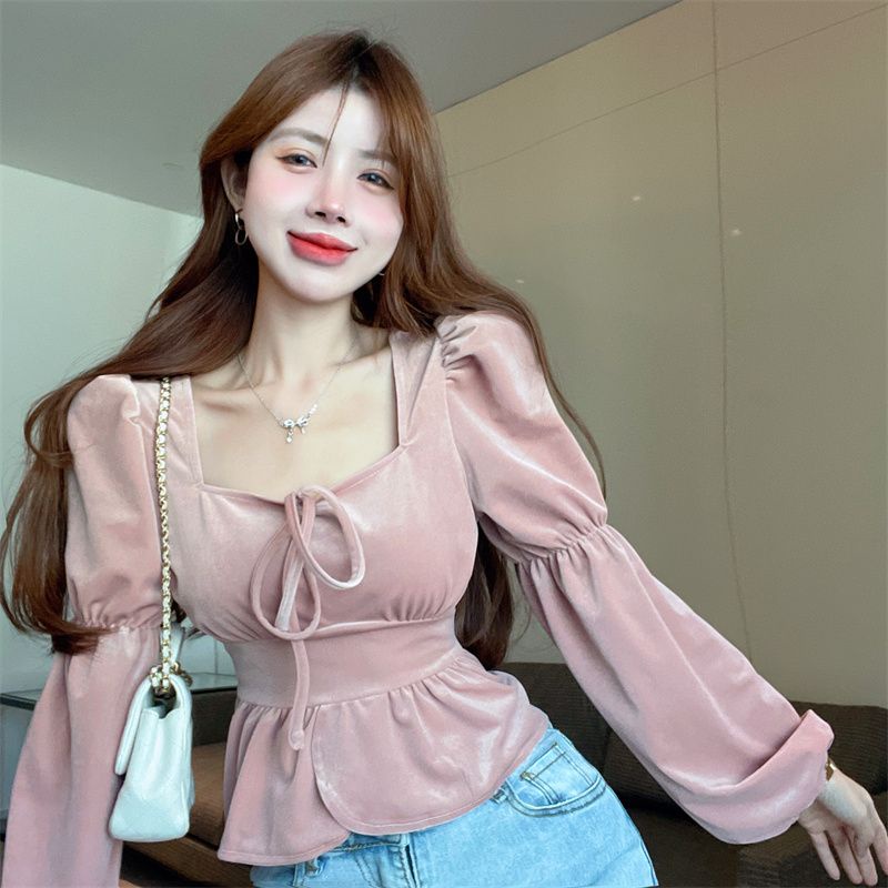 Áo Nhung Cao Cấp Tay Dài Phồng Cổ Vuông Thời Trang Thu Đông Dành Cho Nữ