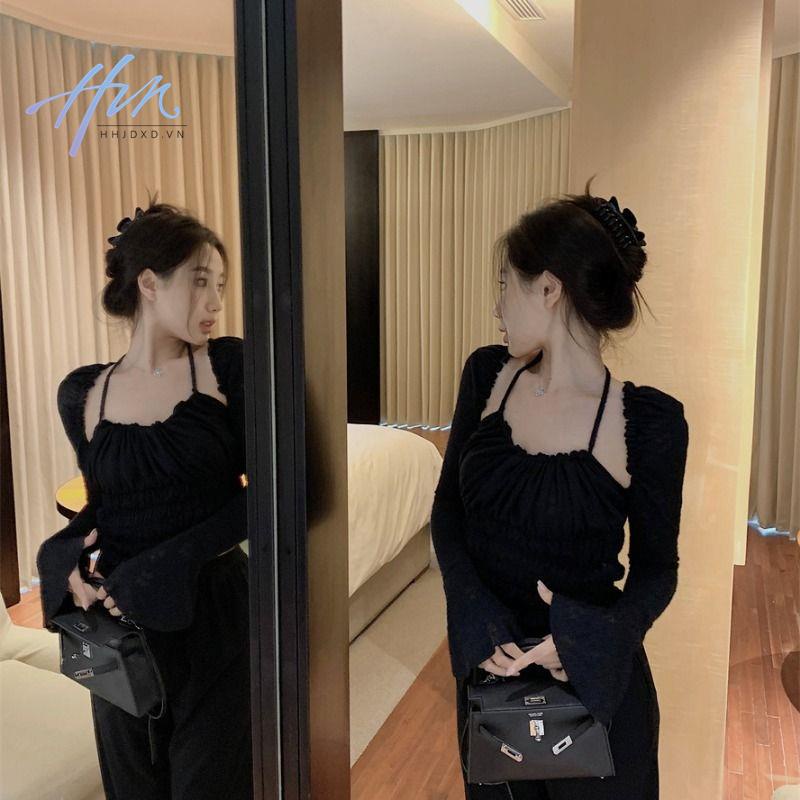 Áo Thun Đen Tay Dài Ống Loe Giả Hai Lớp Thời Trang Mùa Thu Cho Nữ