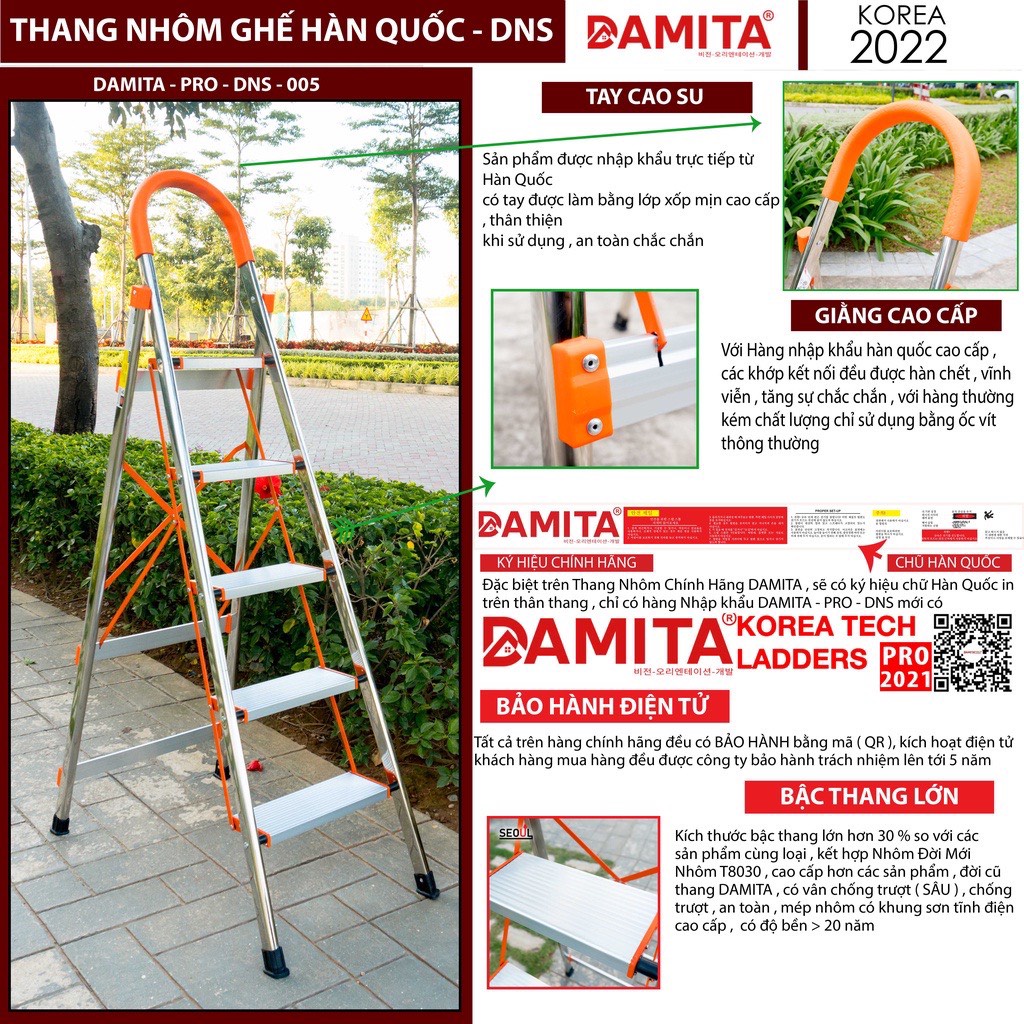 Thang nhôm ghế 3.4.5.6.7 bậc PRO DAMITA cao cấp chính hãng hàn quốc tải trọng 300kg