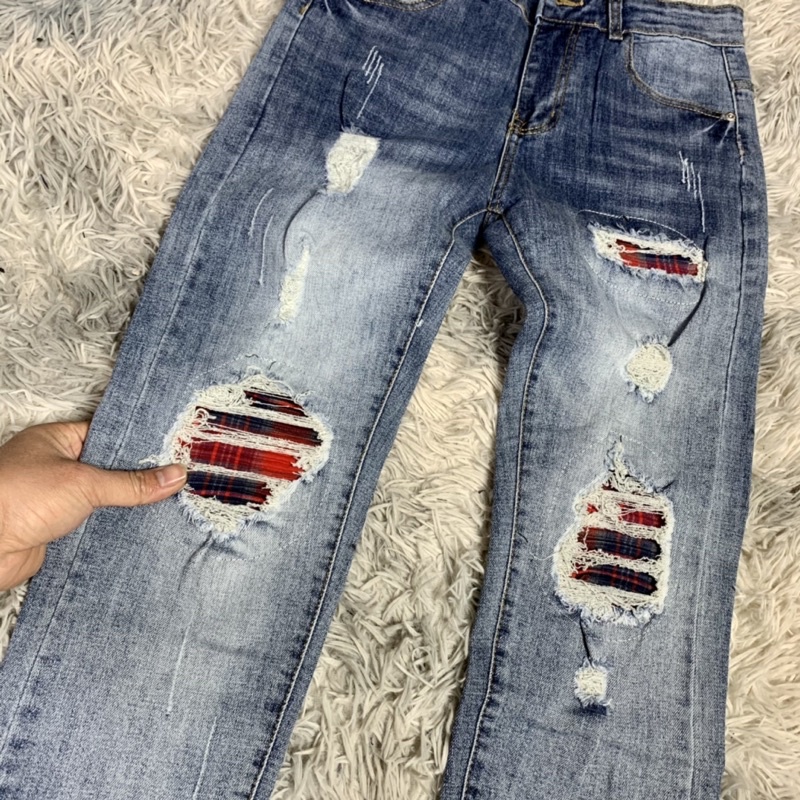 Quần jean nam rách vá vải nhăn đỏ,quần bò nam xanh slimfit