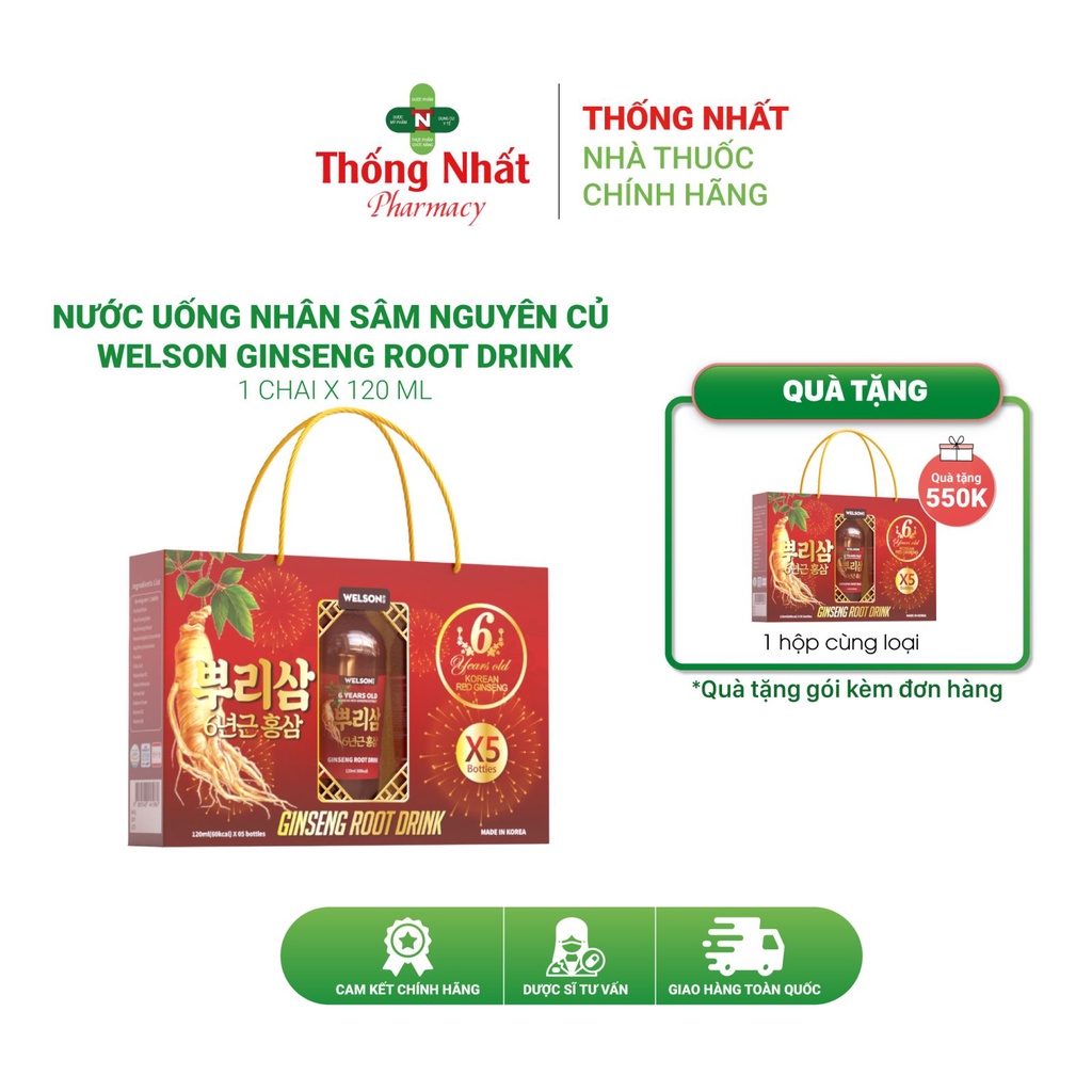 Nước uống nhân sâm nguyên củ tăng sức đề kháng Welson Ginseng Root Drink hộp 5 chai 120ml