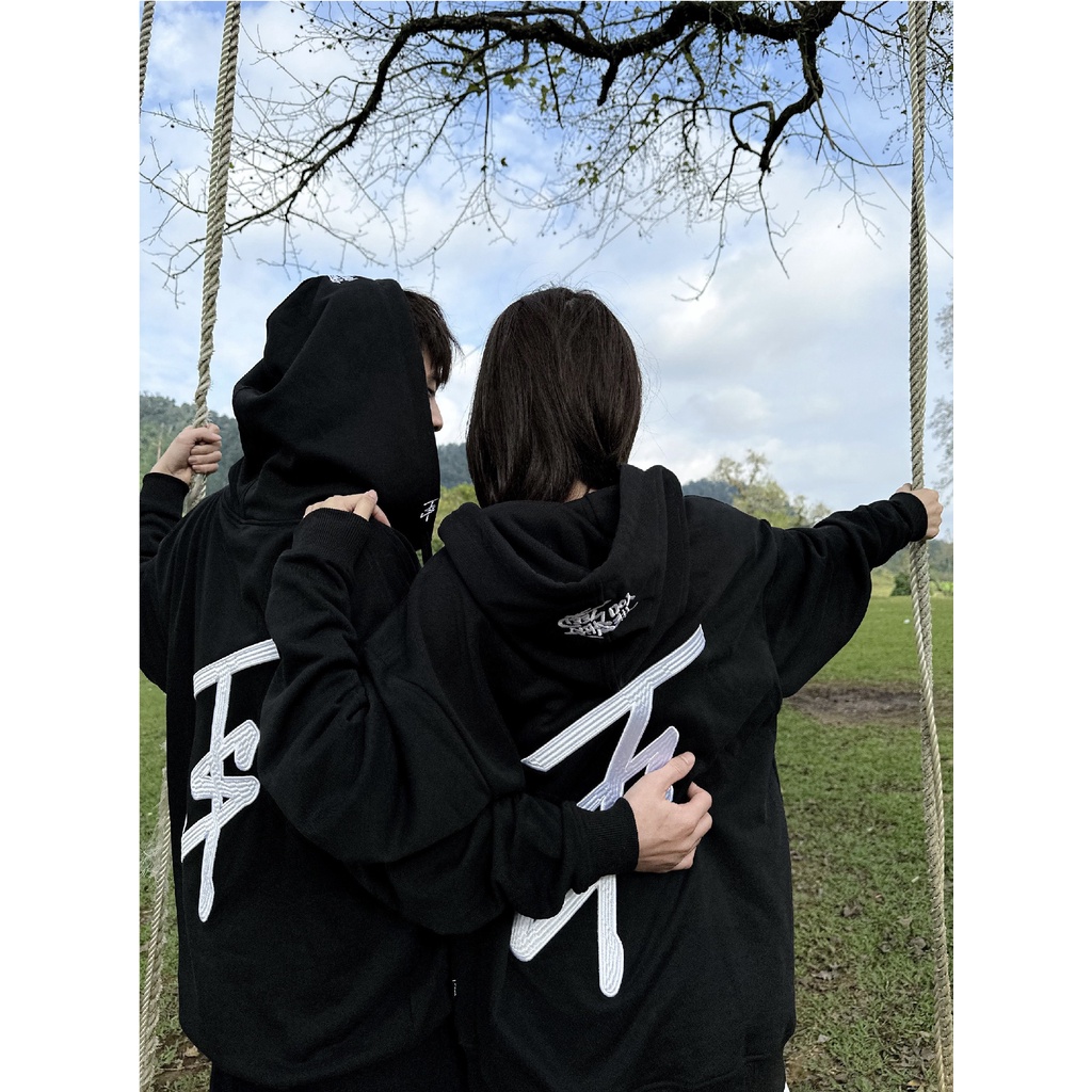 Áo Nỉ Hoodie Zip TSUN BigLogo - Khóa Kéo - Thêu - [UNISEX] - Đen - Thêu trên Nón, In Dây luồng nón