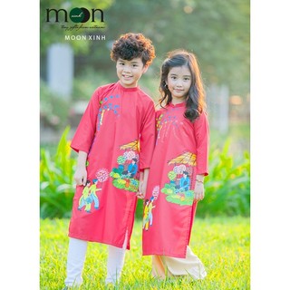 Áo dài tết vẽ tay thủ công dành cho Bé trai, Bé gái Họa tiết Tết xưa Chợ quê đủ size 9kg-65kg