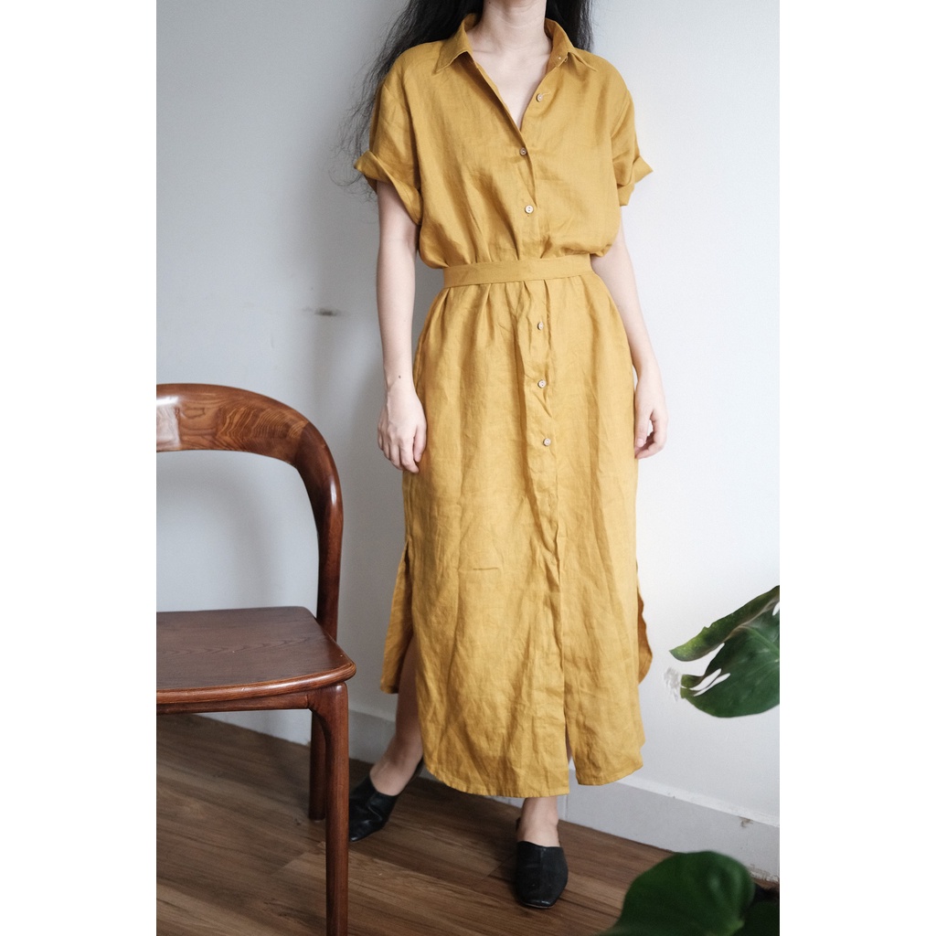 Đầm sơ mi Linen tưng nữ tay ngắn thời trang Linen