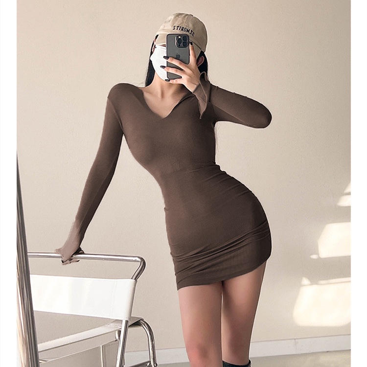 Đầm ZHELIHANGFEI tay dài cổ chữ V ôm sát người gợi cảm quyến rũ cho nữ