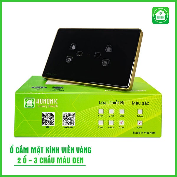 Ổ Cắm Mặt Kính 2 Ổ Có Tiếp Địa Viền Vàng
