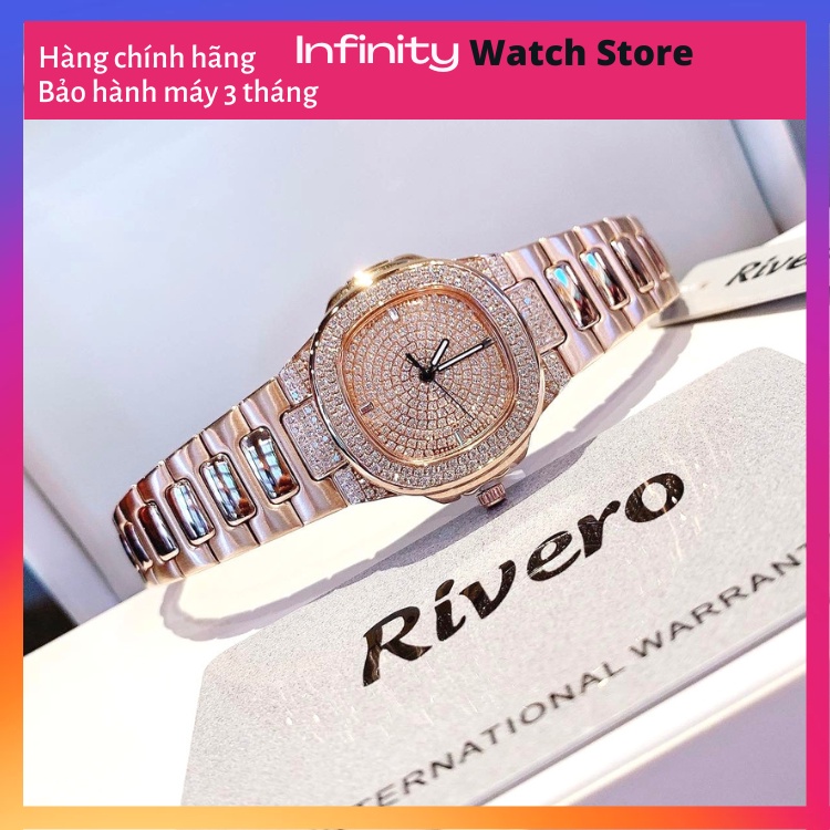 Đồng hồ nữ RIVERO dây thép không gỉ mạ rose gold đính pha lê sang trọng