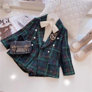 ▪️Set dạ tweed kẻ xanh phong cách Hàn Quốc cho bé