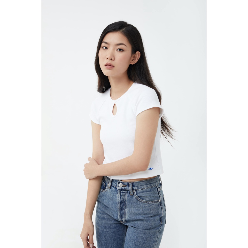 TheBlueTshirt - Áo Thun Nữ Thiết Kế Khoét Cổ Màu Trắng - Sunday Funday Rib Tee - White