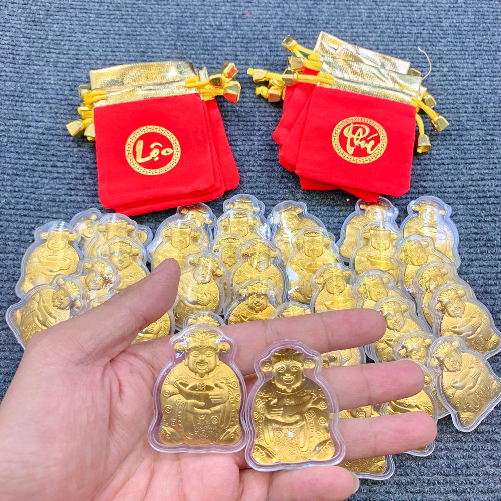 Thỏi Ông Thần Tài Mạ Vàng Tặng Túi Gấm Nhung Phúc Lộc - Vía Ông Thần Tài Phong Thủy May Mắn