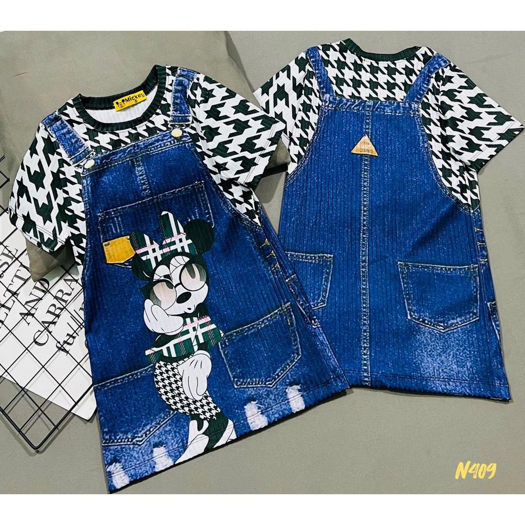 Đầm yếm in 3D giả jean siêu mềm mát cho bé gái vải mềm mát 10-22kg