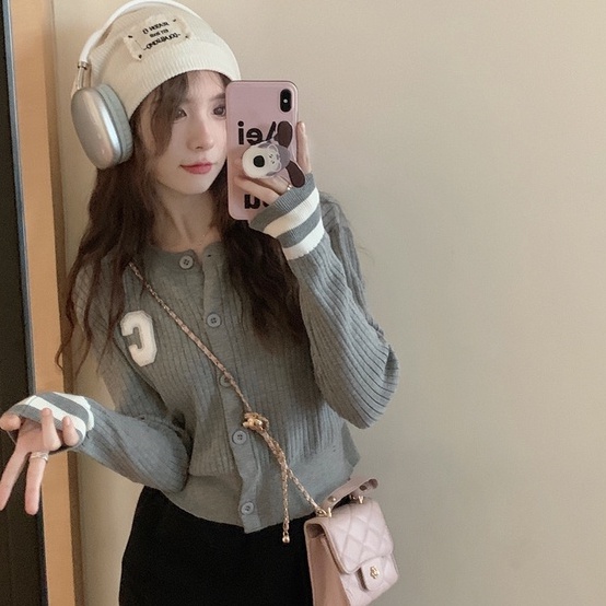 Áo Cardigan Dệt Kim Cổ Tròn Thêu Họa Tiết Màu Sắc Tương Phản Thời Trang Mùa Thu Cho Nữ