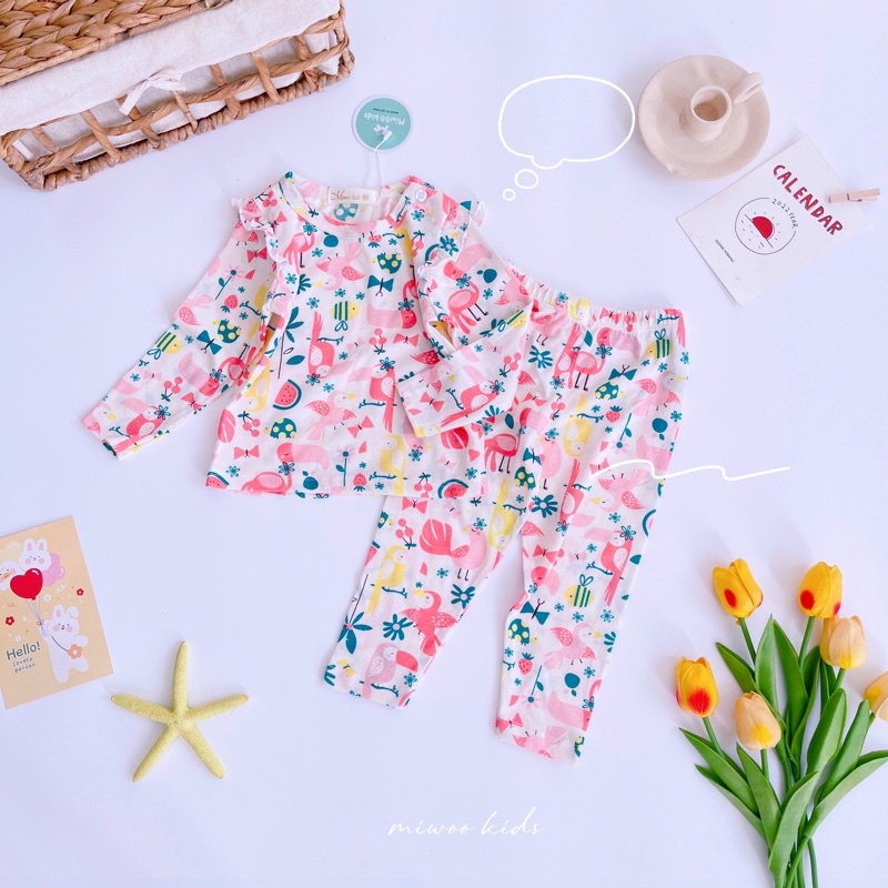 Đồ bộ tay dài bé gái bèo vai xuất Nhật Miwoo