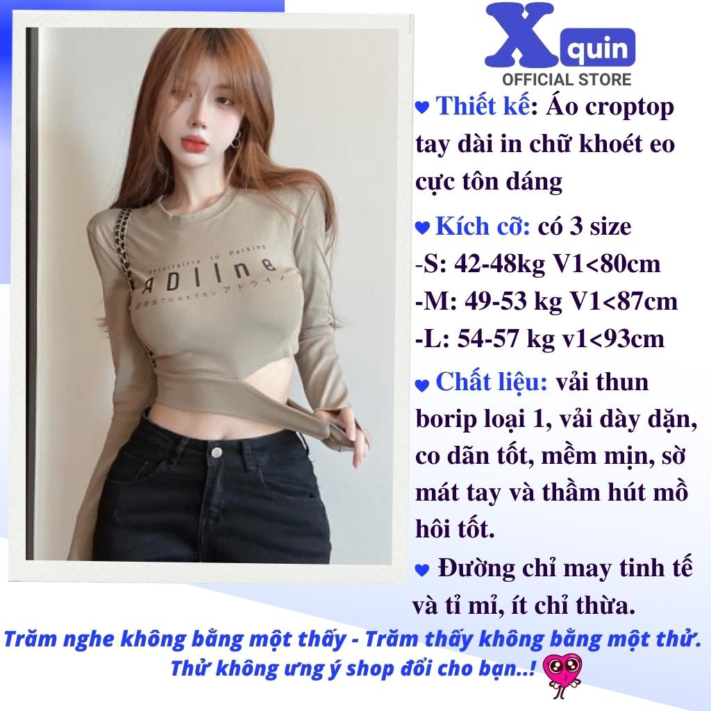 Áo croptop nữ tay dài cổ tròn khoét eo tôn dáng Xquin, Áo kiểu nữ tay dài in chữ ôm body hở eo cực xinh