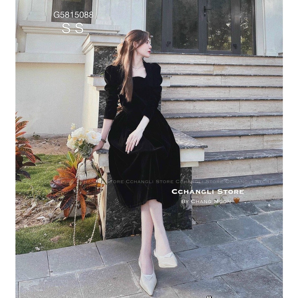 [12.12 Sales Freeship] Đầm nữ tiểu thư vintage dáng dài, đầm nhung cổ vuông tay dài ôm eo dáng xòe đi cưới sang chảnh