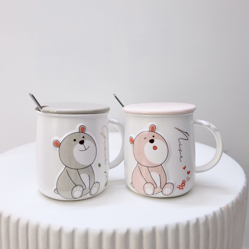 Combo Ly Cốc Sứ có nắp và thìa cà phê in hình thú dễ thương, giữ nhiệt có quai cầm, quà tặng Giáng Sinh Noel