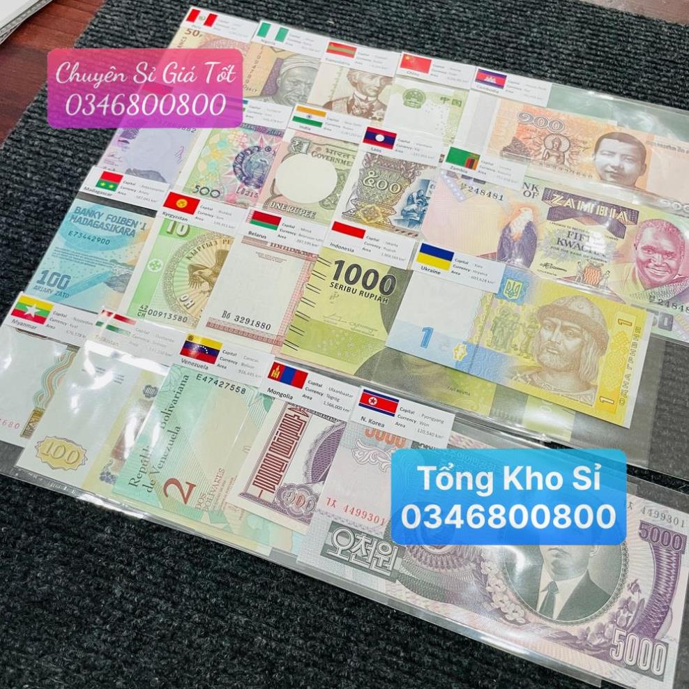 Bộ Quà Tặng Tiền Sưu Tầm 20 Tờ 20 Nước(Quốc Gia) Kỷ Niệm Kèm Túi Vải Gấm Lì Xì Tết