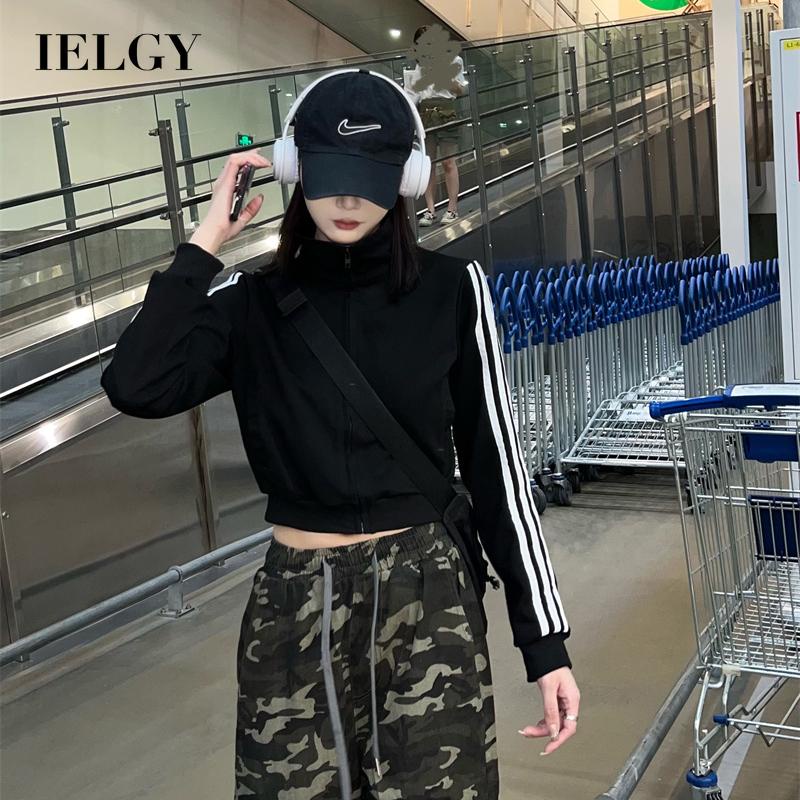 IELGY  Áo Khoác Màu Đen Dáng Ôm Phối Khóa Kéo Thời Trang Cho Nữ