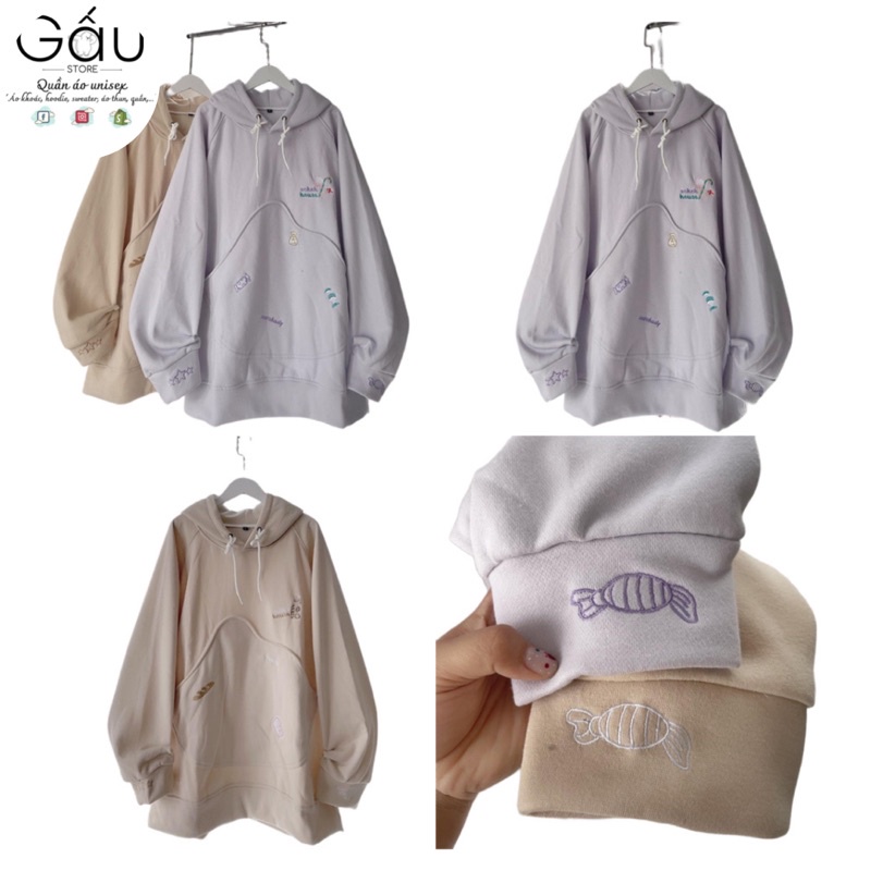 Áo HOODIE nỉ bông unisex hoạ tiết thêu túi kiểu màu tím sữa, kem (ảnh,video thật)