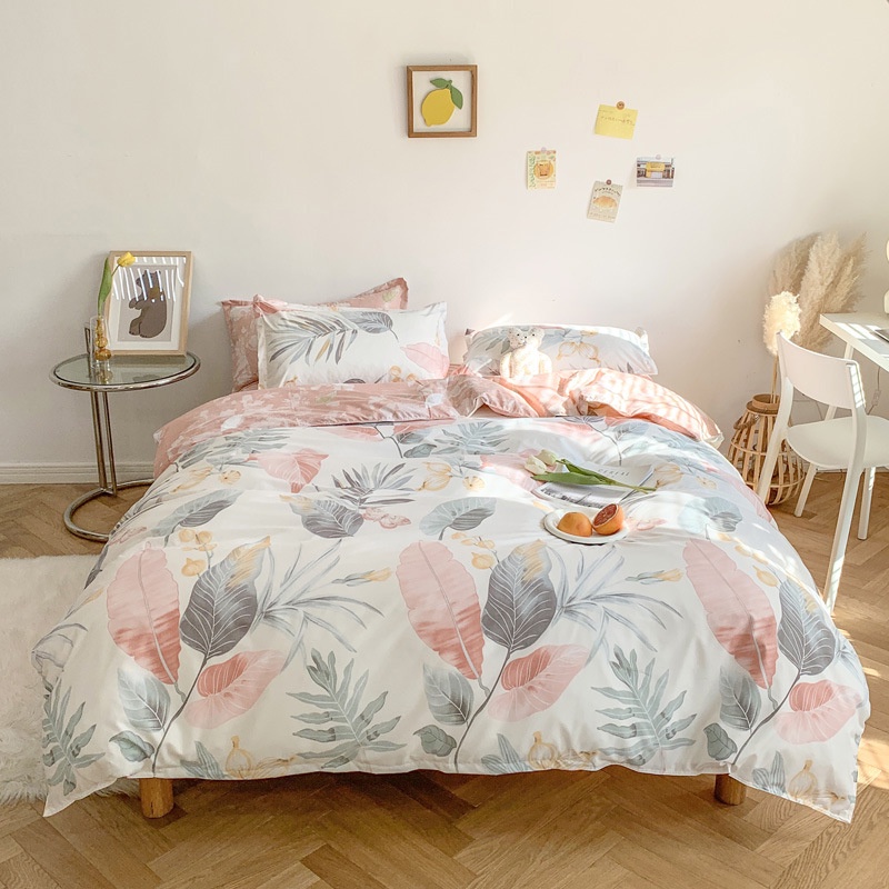 Bộ vỏ chăn ga gối cotton poly Lidaco decor phòng ngủ vintage - lá hồng (SP000985)