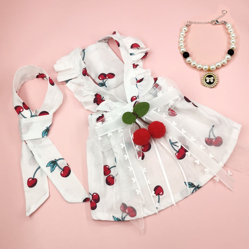 Đầm Xòe Công Chúa Màu Trắng In Họa Tiết Cherry Dễ Thương Thời Trang Cho Cún Cưng