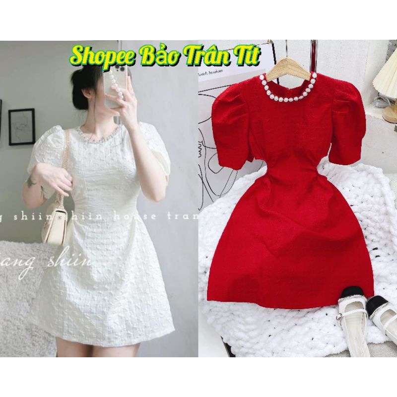 ĐẦM TRẮNG CỔ TRÒN ĐÍNH ĐÁ KHOÉT EO