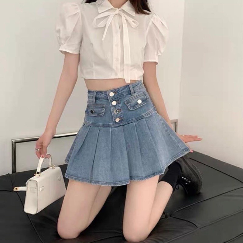 Chân váy jean xòe midi đính hàng nút CÓ LÓT TRong xinh lắm nha lyie