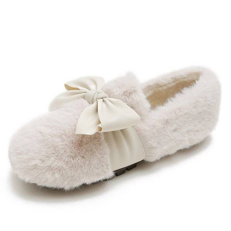 Giày lông nơ cho nữ đi bên ngoài mẫu thu đông 2022 phong cách tiên nữ giày hạt đậu nổi tiếng trên mạng giày bông lót nhung đế bằng instagram