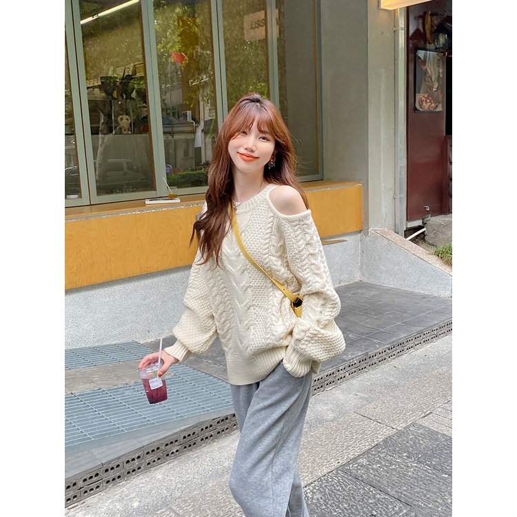 ZHELIHANGFEI Áo Sweater Dài Tay Trễ Vai Xinh Xắn Theo Phong Cách Pháp