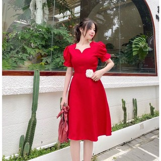 Đầm đỏ dự tiệc sang trọng dáng dài xòe tay phồng thiết kế cao cấp đẹp eo tôn dáng che bụng đi tiệc đi chơi Lux W Đỏ sao