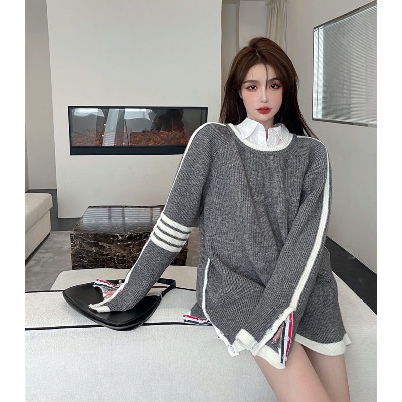 ( ORDER ) Áo Sweater Len Thom Cổ Tròn Form Rộng Màu Xám Sọc Trắng
