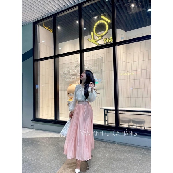 SET ÁO VOAN TRẮNG KHOÉT TAY THẮT NƠ CHÂN VÁY MIDI DẬP LY 🤎