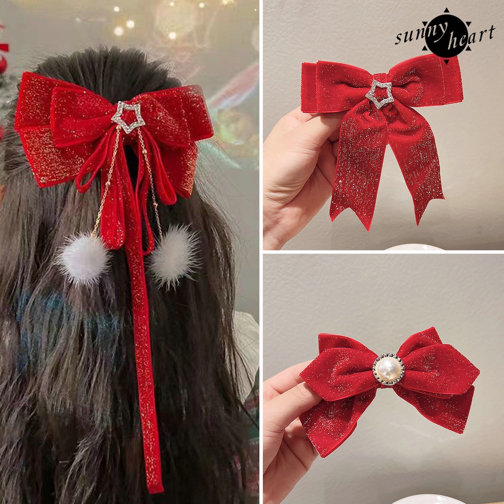 Kẹp Tóc Nơ Đính Ngọc Trai Giả Lấp Lánh Chống Trượt Trang Trí Năm Mới