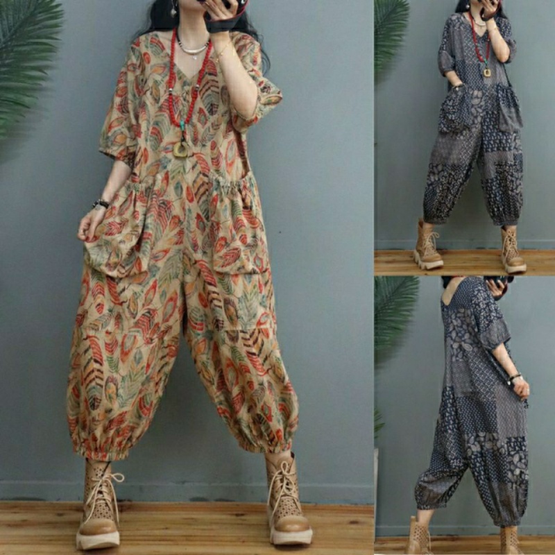 Jumpsuit Chất Cotton Lanh Hoạ Tiết In Thiết Kế Cổ Chữ V Quyến Rũ