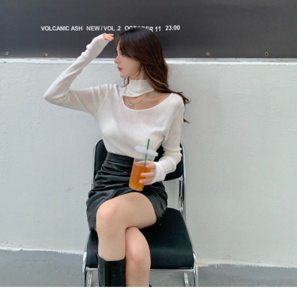 Áo Thun Tay Dài Cổ Cao Màu Trơn Phong Cách Thời Trang Hàn Quốc Cho Nữ