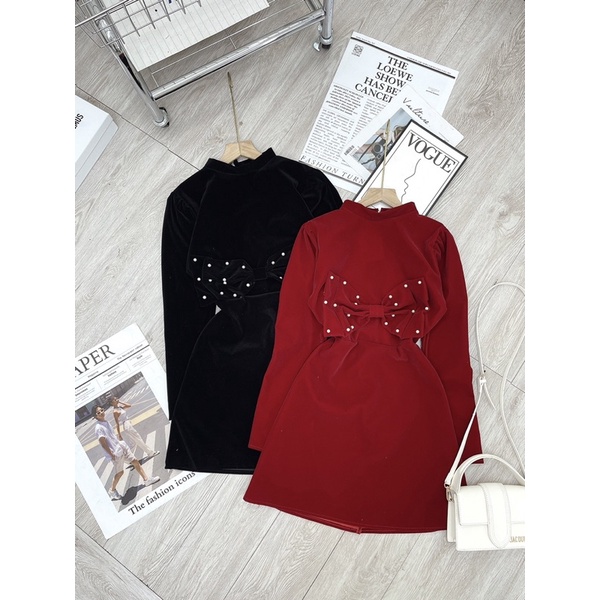 [ 𝐅𝐑𝐄𝐄 𝐒𝐇𝐈𝐏 ] Váy nhung cổ 3p tay bồng về hàng siêu đẹp Nơ đính hạt ngọc sịn sò Hàng may kỹ