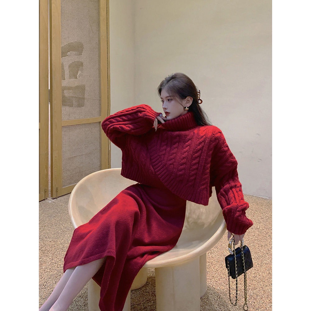 Bộ Áo Sweater Dệt Kim Phối Chân Váy Xoắn Plus Size Thời Trang Mùa Đông 2022 Cho Nữ