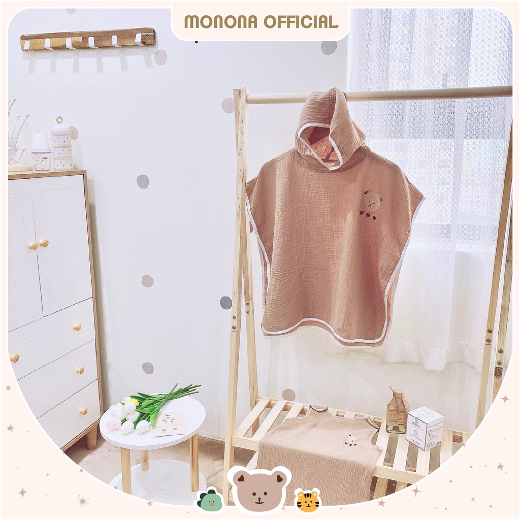 Áo choàng tắm Monona cho bé có mũ vải xô thấm hút nhanh, giữ ấm cho bé khi tắm, hình thêu