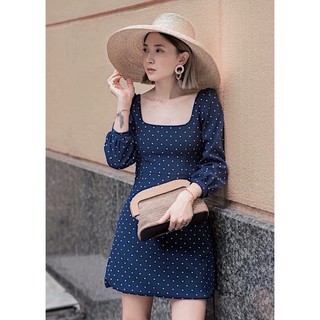 Đầm bi xanh cổ vuông basic (kèm hình thật)