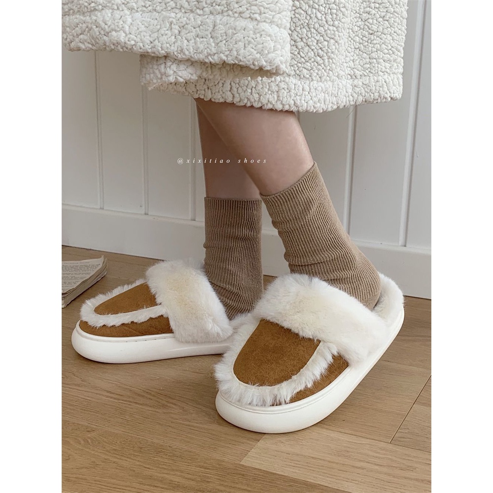 Dép bông đôi thời trang đơn giản mùa đông đế dày mềm mại giữ ấm giày trong nhà lông nhung nam nữ