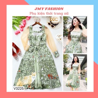 V3225 Váy tafta xanh in lá [kèm ảnh sàn+video SP] váy xanh phối tay lưới sang chảnh - DVC&ACC