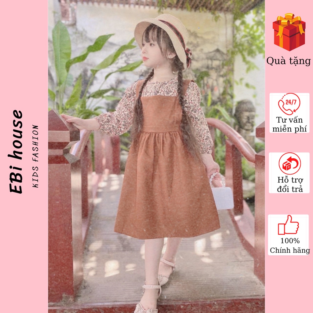 Váy bé gái 2 chi tiết vintage yếm nâu áo họa tiết, đầm EBi thời trang thiết kế cho bé gái 8 - 32kg