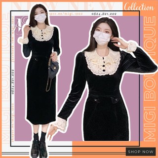 Váy len tăm body dáng dài túi nắp phối ren, đầm midi cổ viền cổ ren bèo tầng