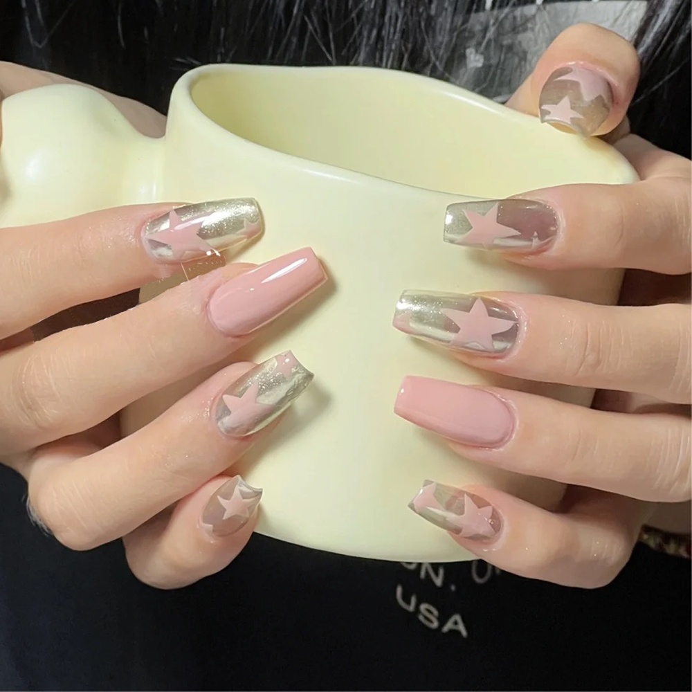 Nhãn Dán Móng Tay Dạng Trượt Tự Dính Hình Ngôi Sao / Trái Tim Màu Bạc / Hồng Xinh Xắn