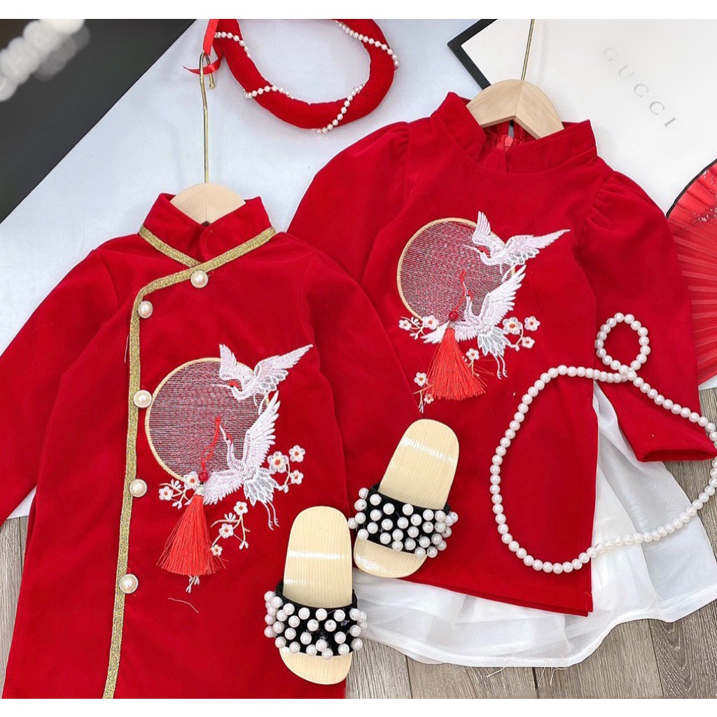 Áo dài cách tân cho bé trai, bé gái  chất liệu nhung cao cấp hongvybaby