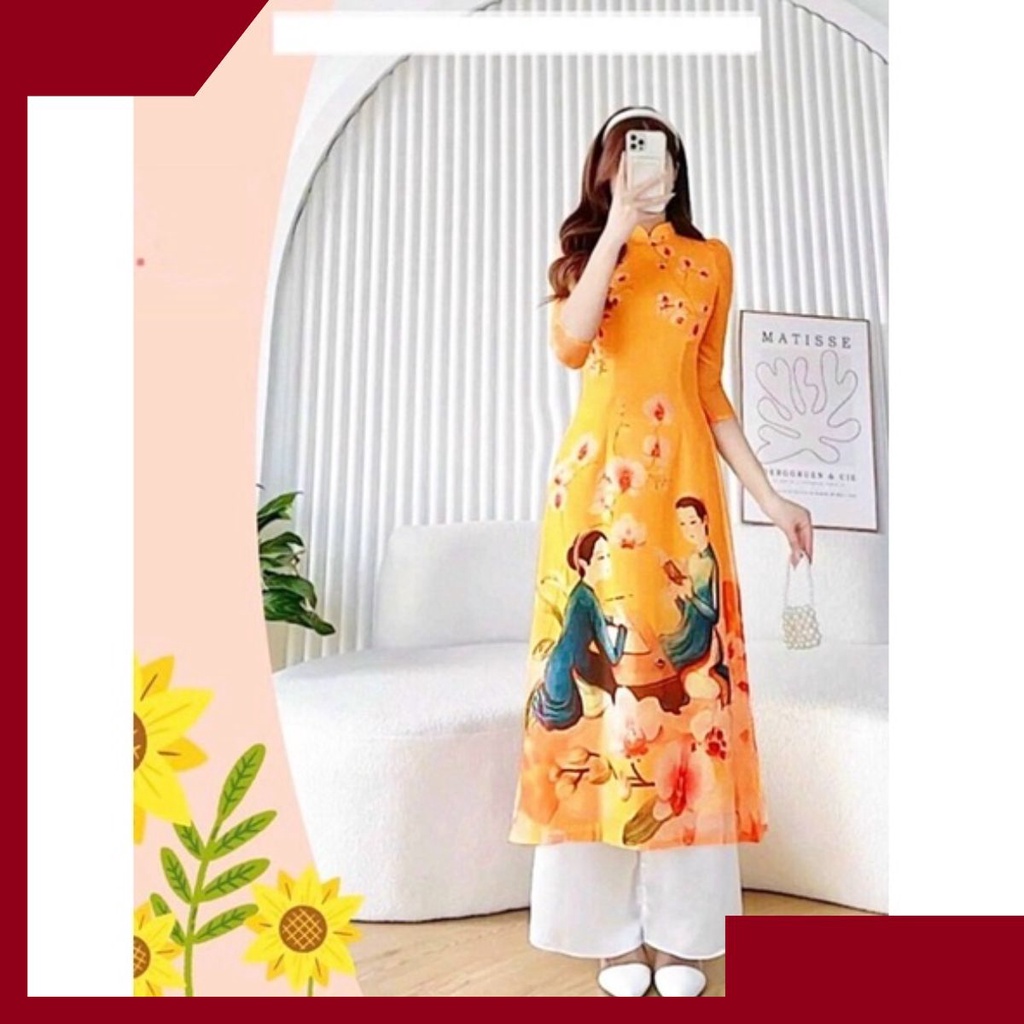 Áo dài 4 tà cách tân, Set áo dài tết tay phồng lụa có bâu họa tiết truyền thống cao cấp thiết kết đẹp có size lớn.