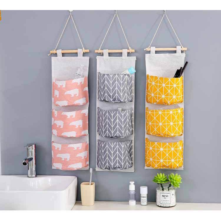 Túi Treo Đa Năng 3 Tầng Cao Cấp Vải Bố Kèm Thanh Treo - Túi Vải Treo Tường 3 Ngăn Đựng Đồ Tiện Lợi 2355